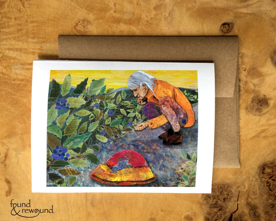 Greeting Card of a Paper Collage of Older Woman Gathering Oregon Grape Berries in a Hat - Blank Inside