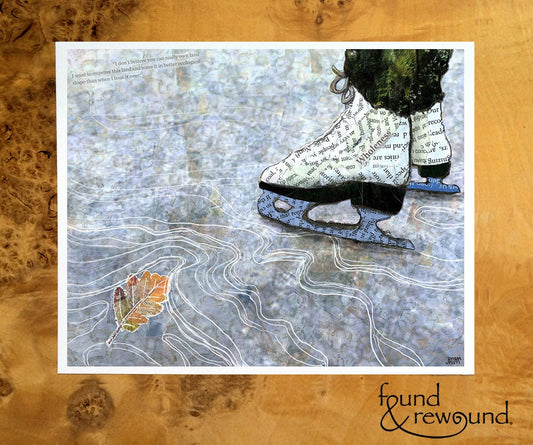 8x10 Art print of a Paper Collage of of a Person Ice Skating and a Frozen Oak Leaf - Holiday - Winter Wall Art