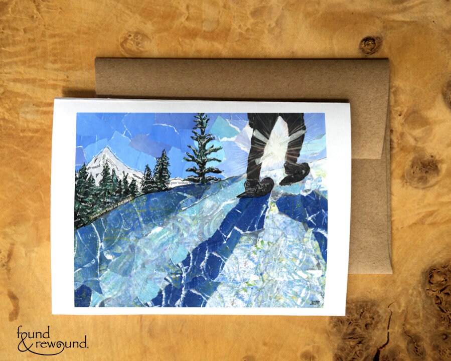 Greeting Card of a Paper Collage of a Person Snow Shoeing Near Mt. Hood-Oregon - Blank Inside