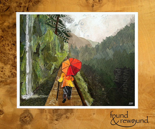 8x10 Art print of a Paper Collage of a Person Hiking in the Rain With and Umbrella in the Columbia River Gorge - Wall Art