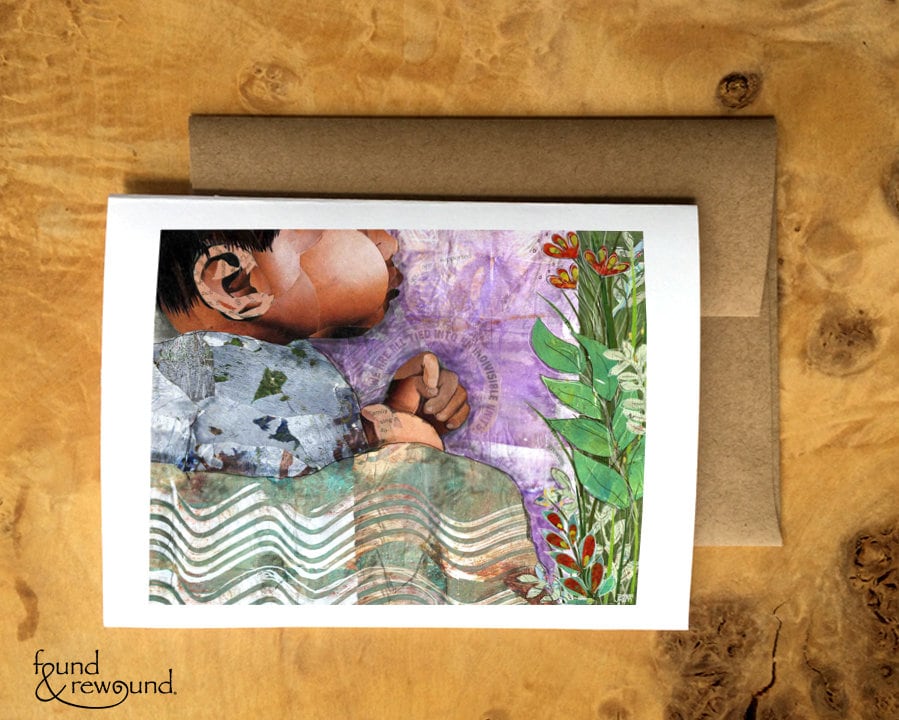 Greeting Card of a Paper Collage of a Baby Asleep in the Grass - Inspirational - Blank Inside - Baby Shower