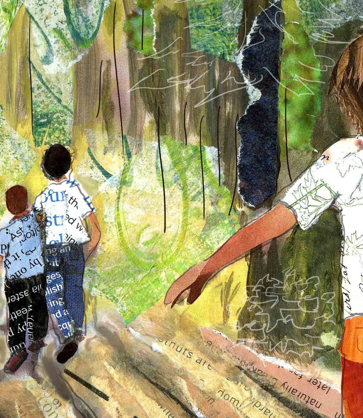 8x10 Art print Paper Collage of Kids Balancing on Logs Walking Through the Forest - Inspirational - Wall Art
