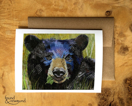 Greeting Card of a Paper Collage of a Black Bear Eating Grass - Inspirational - Blank Inside