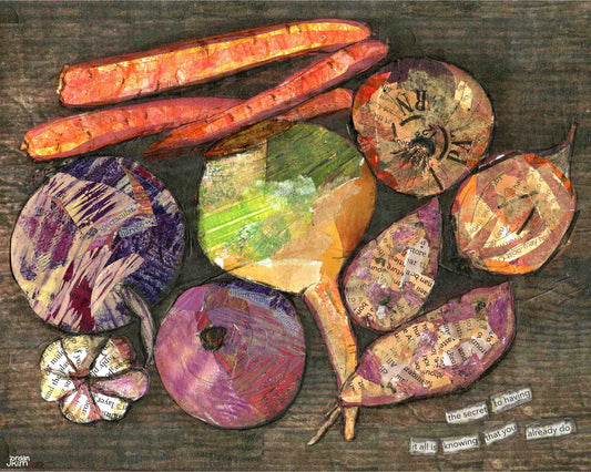 Greeting Card of a Paper Collage of Root Vegetables -Inspirational Quote - Gardener Gift - Blank Inside