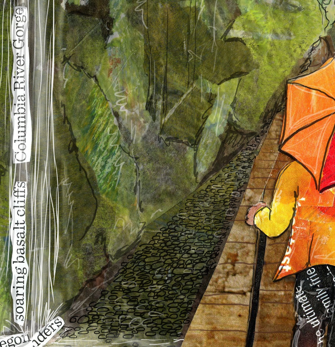 8x10 Art print of a Paper Collage of a Person Hiking in the Rain With and Umbrella in the Columbia River Gorge - Wall Art