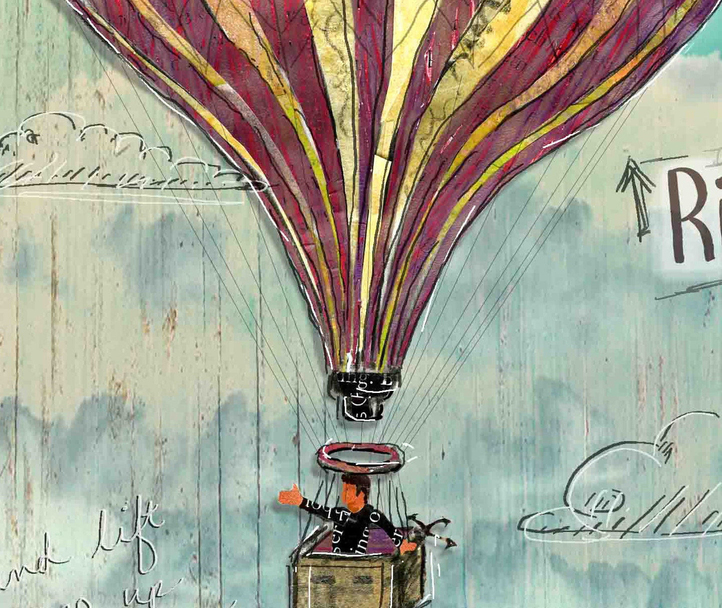 Greeting Card of a Paper Collage of a Hot Air Balloon with the words "Rise Up" - Inspirational - Blank Inside