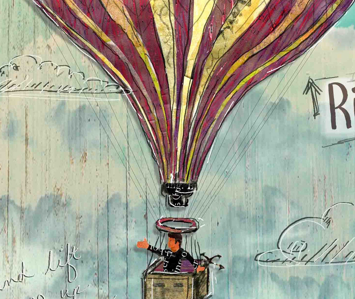 Greeting Card of a Paper Collage of a Hot Air Balloon with the words "Rise Up" - Inspirational - Blank Inside