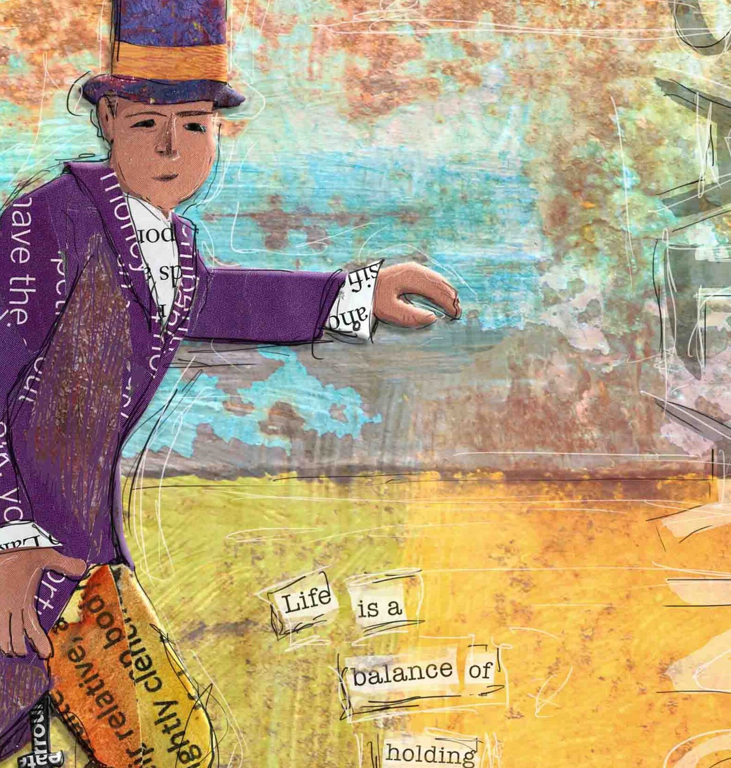 8x10 Art print of a Paper Collage of a Person Riding a Unicycle with the word "Balance" and Rumi Quote - Inspirational Wall Art