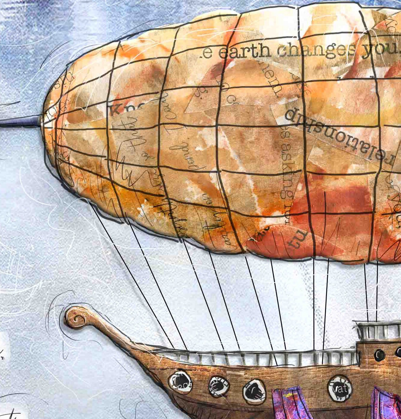 8x10 Art print of a Paper Collage of an Airship Flying with word Soar and John Shedd Quote - Inspirational Wall Art