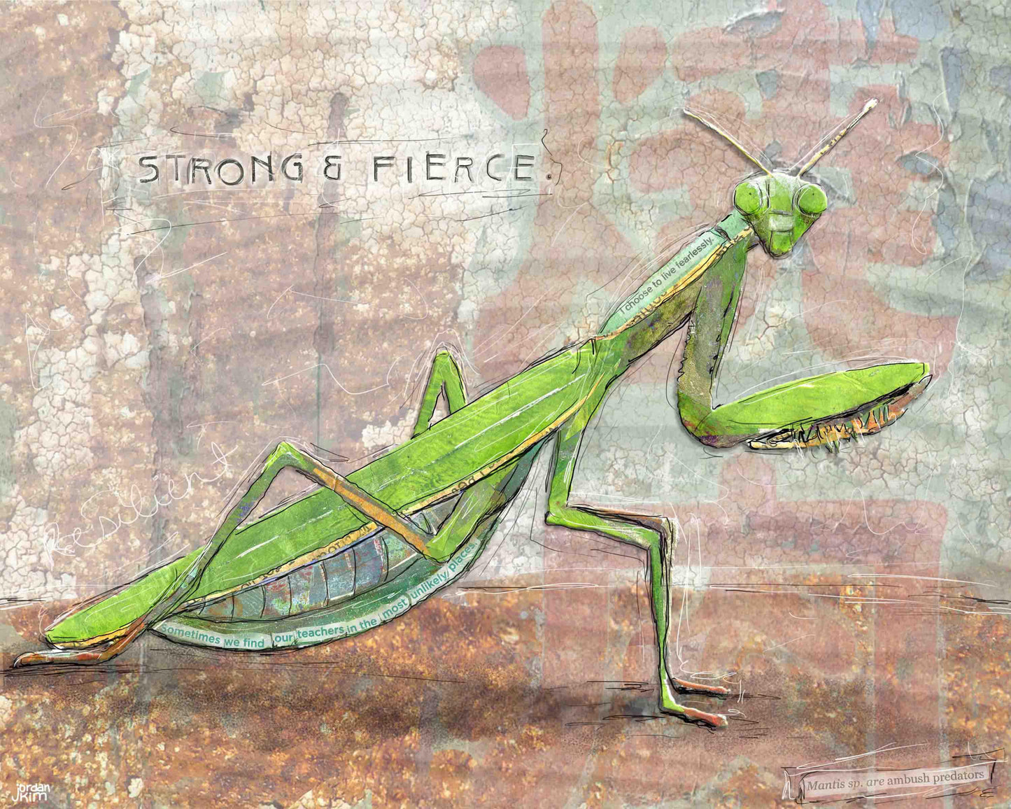 Greeting Card of a Paper Collage of a Praying Mantis with the words Strong and Fierce - Inspirational - Blank Inside