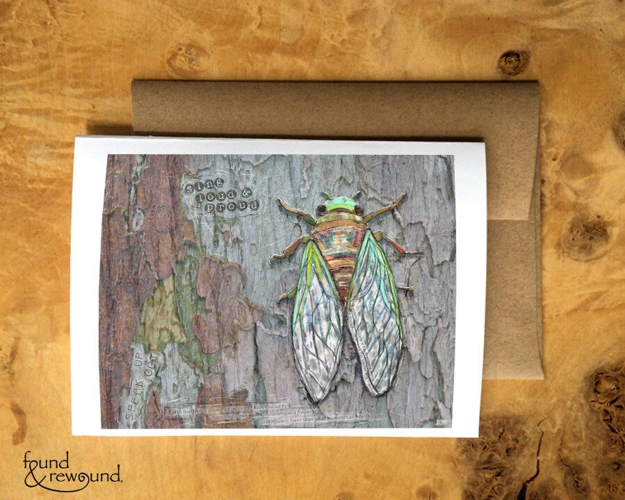 Greeting Card of a Paper Collage of a Cicada with the words Speak Up, Sing Loud and Proud - Inspirational - Blank Inside