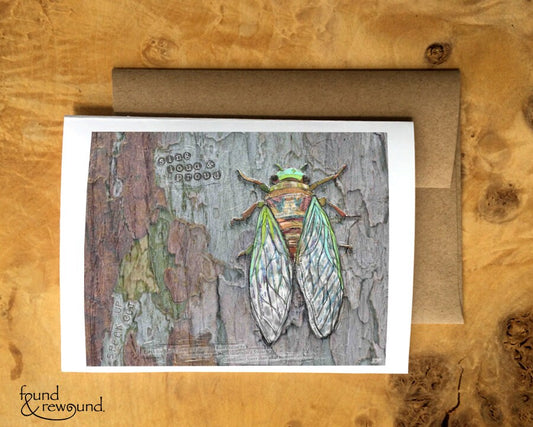 Greeting Card of a Paper Collage of a Cicada with the words Speak Up, Sing Loud and Proud - Inspirational - Blank Inside