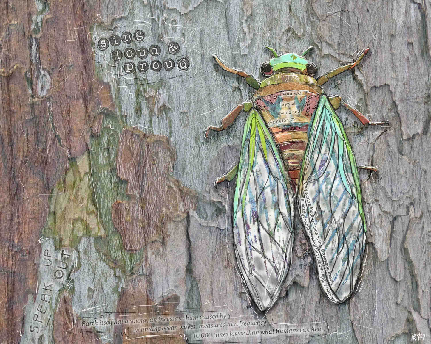 Greeting Card of a Paper Collage of a Cicada with the words Speak Up, Sing Loud and Proud - Inspirational - Blank Inside