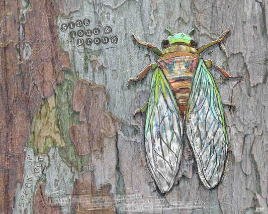 Greeting Card of a Paper Collage of a Cicada with the words Speak Up, Sing Loud and Proud - Inspirational - Blank Inside