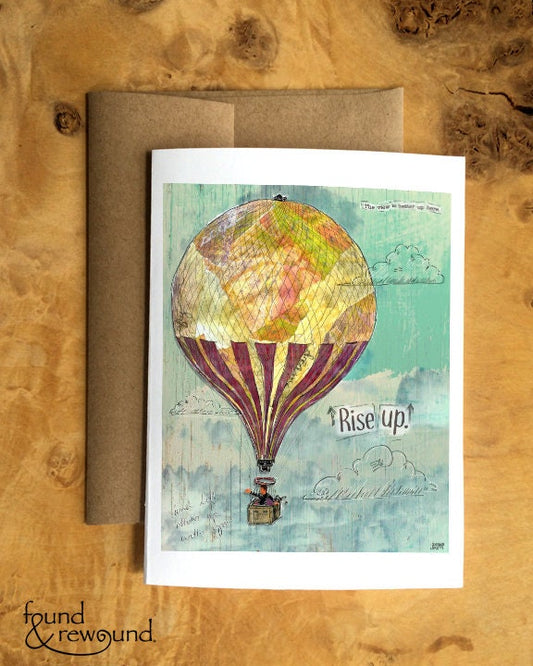 Greeting Card of a Paper Collage of a Hot Air Balloon with the words "Rise Up" - Inspirational - Blank Inside