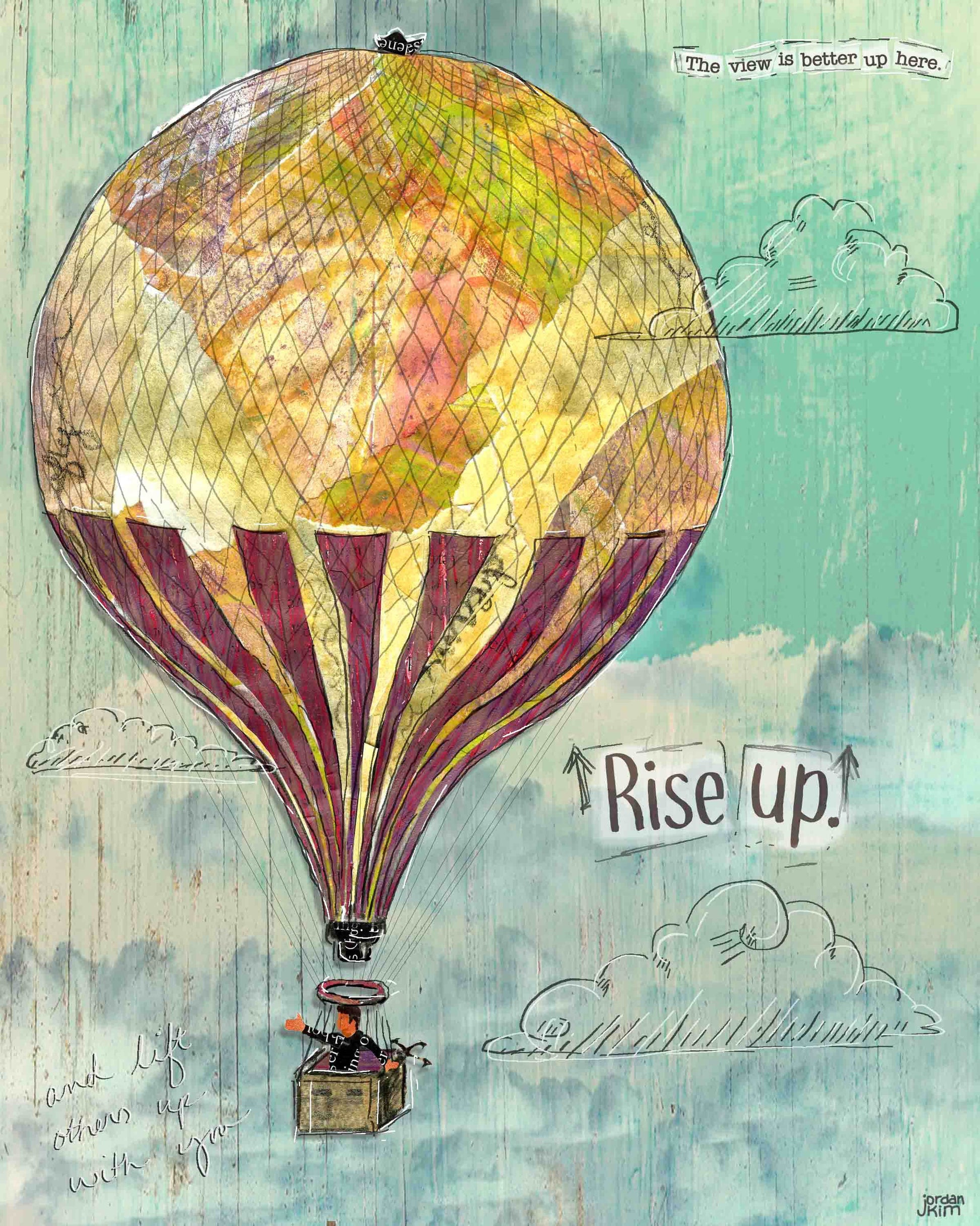 Greeting Card of a Paper Collage of a Hot Air Balloon with the words "Rise Up" - Inspirational - Blank Inside