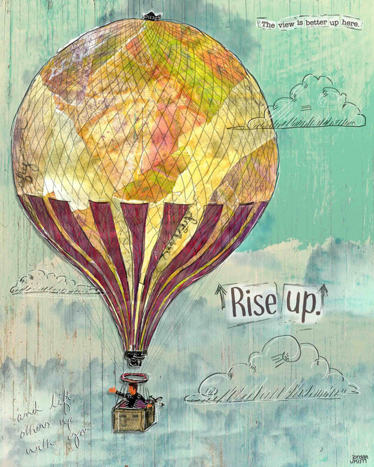 Greeting Card of a Paper Collage of a Hot Air Balloon with the words "Rise Up" - Inspirational - Blank Inside