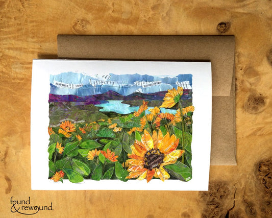 Greeting Card of a Paper Collage of Balsam Root wildflowers blooming in the Columbia River Gorge - Inspirational - Blank Inside