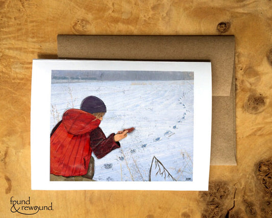 Greeting Card of a Paper Collage of woman finding fox fur and footprints in the snow - Blank Inside