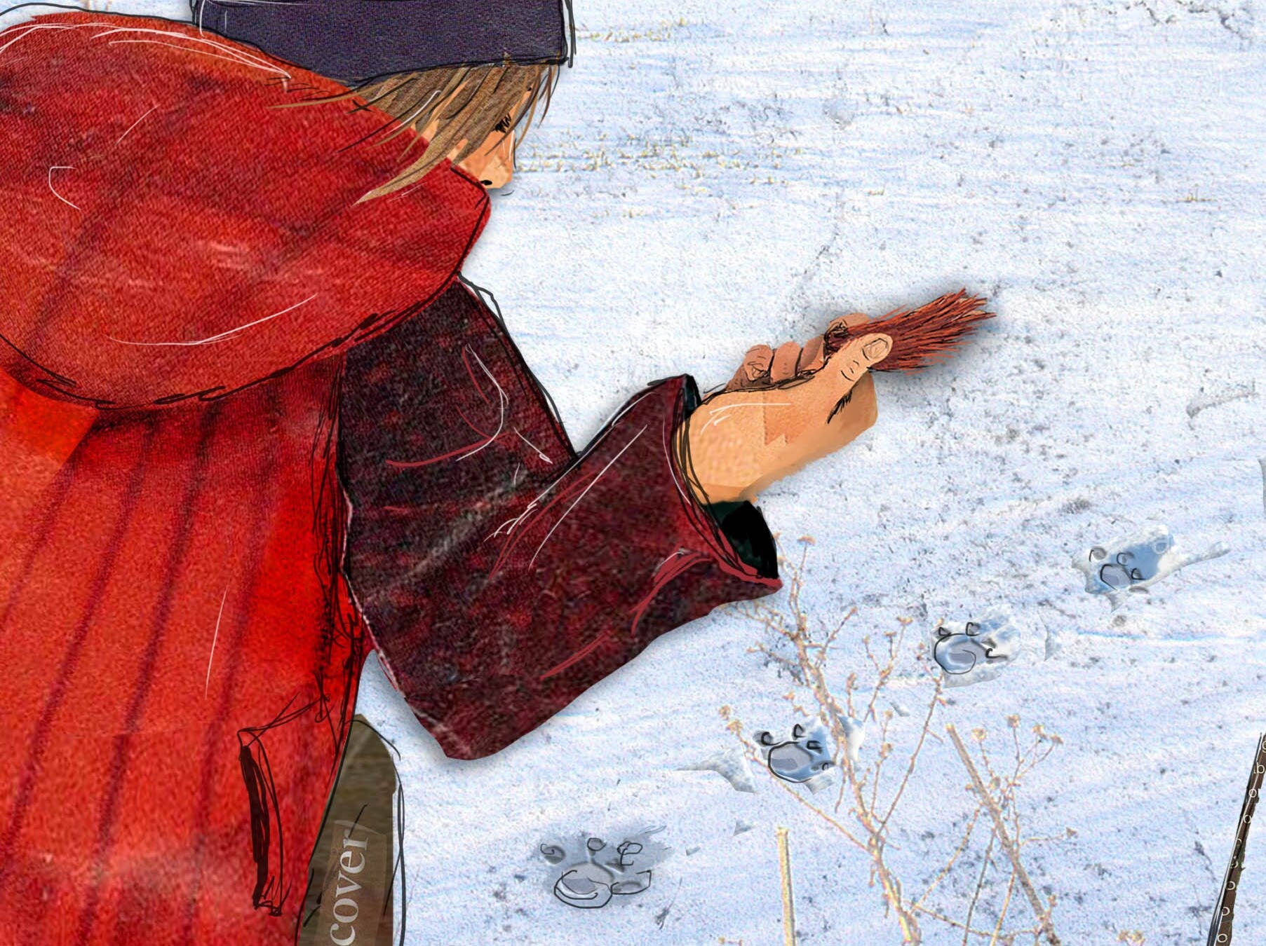Greeting Card of a Paper Collage of woman finding fox fur and footprints in the snow - Blank Inside