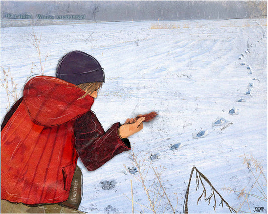 Greeting Card of a Paper Collage of woman finding fox fur and footprints in the snow - Blank Inside