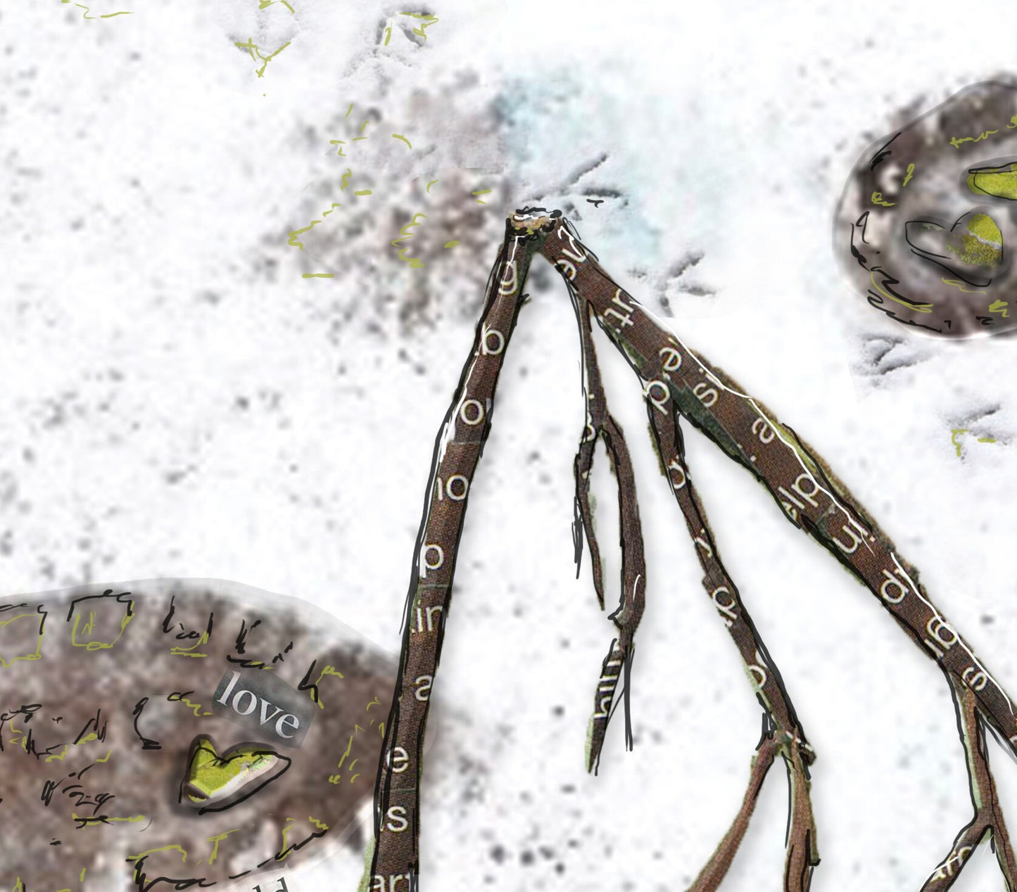 Greeting Card of a Paper Collage of human and bird footprints in the snow around a branch - Blank Inside