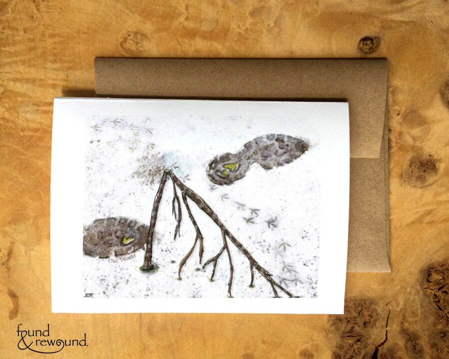 Greeting Card of a Paper Collage of human and bird footprints in the snow around a branch - Blank Inside