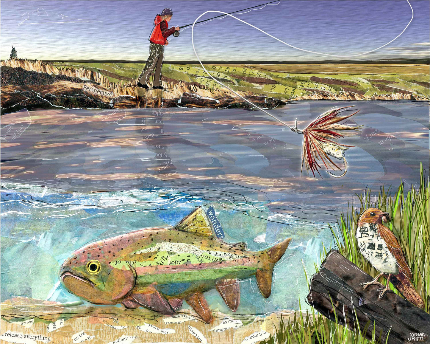 Greeting Card of a Paper Collage of of Woman Fly Fishing for Rainbow Trout - Blank Inside