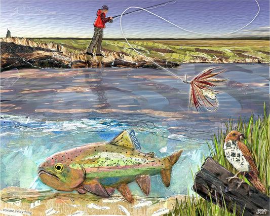 Greeting Card of a Paper Collage of of Woman Fly Fishing for Rainbow Trout - Blank Inside