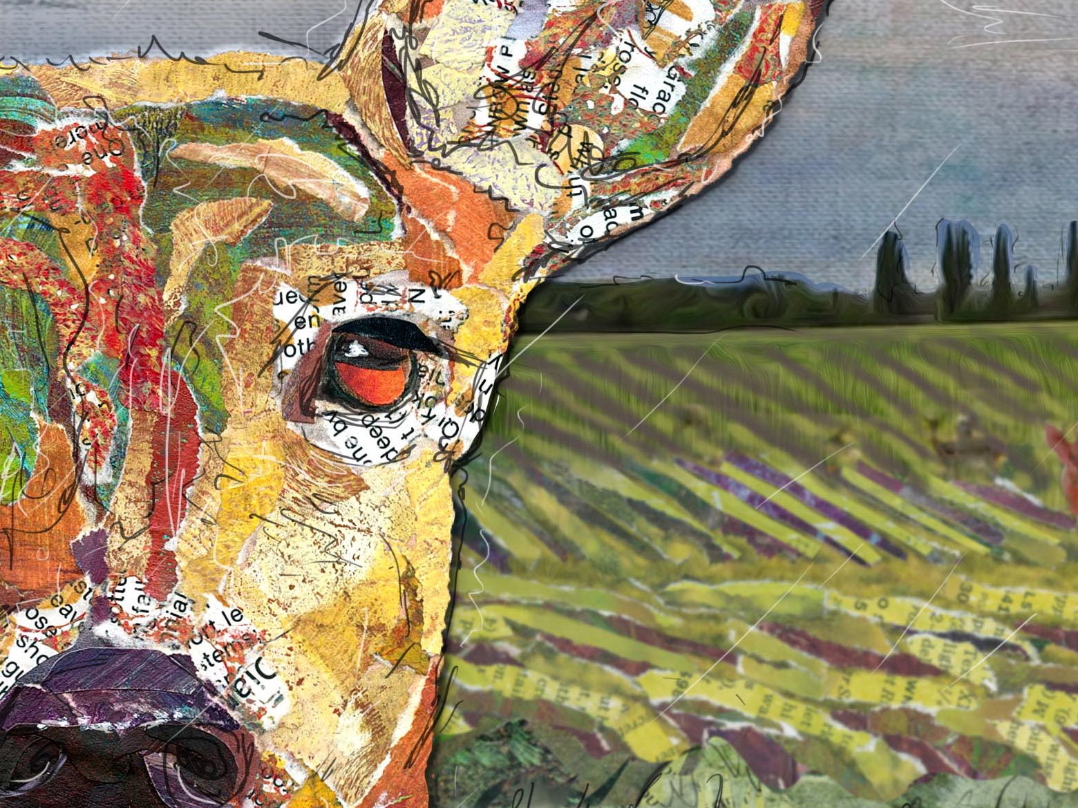 8x10 Art print of a Paper Collage of a deer face close up with others browsing in the rain behind - Wall Art