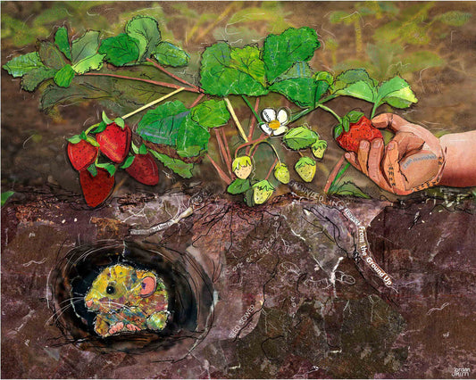 Greeting Card of a Paper Collage of a child's hand picking a strawberry with a vole under the soil - Blank Inside