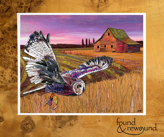 8x10 Art print of a Paper Collage of a barn owl hunting at sunset, barn in background - Wall Art