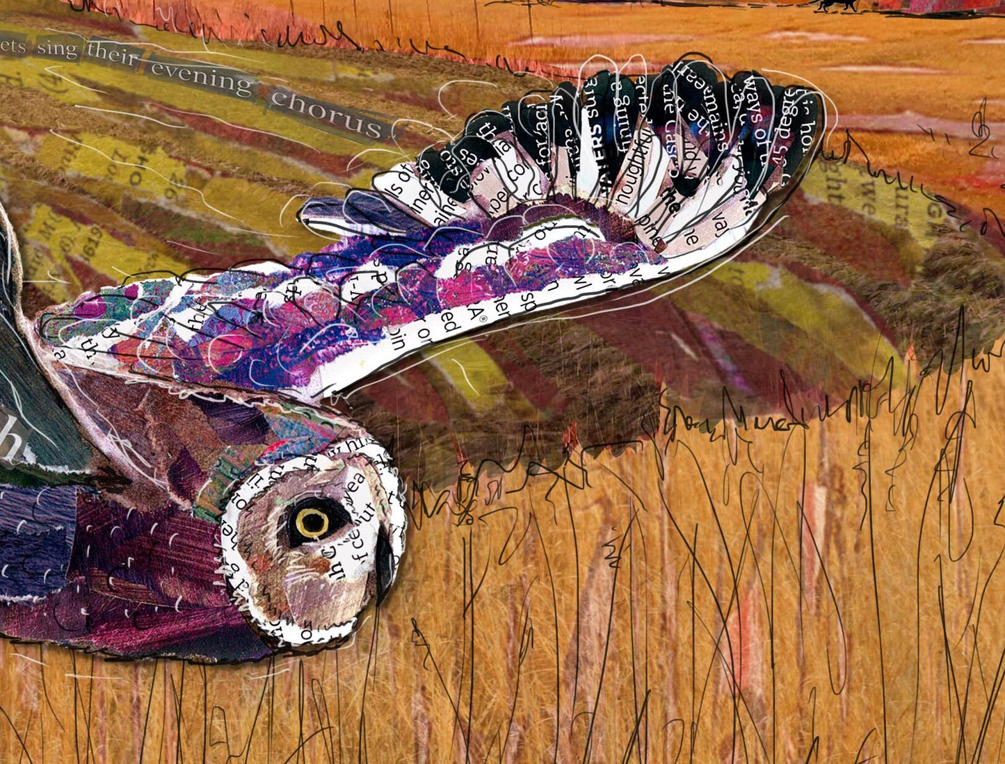 8x10 Art print of a Paper Collage of a barn owl hunting at sunset, barn in background - Wall Art