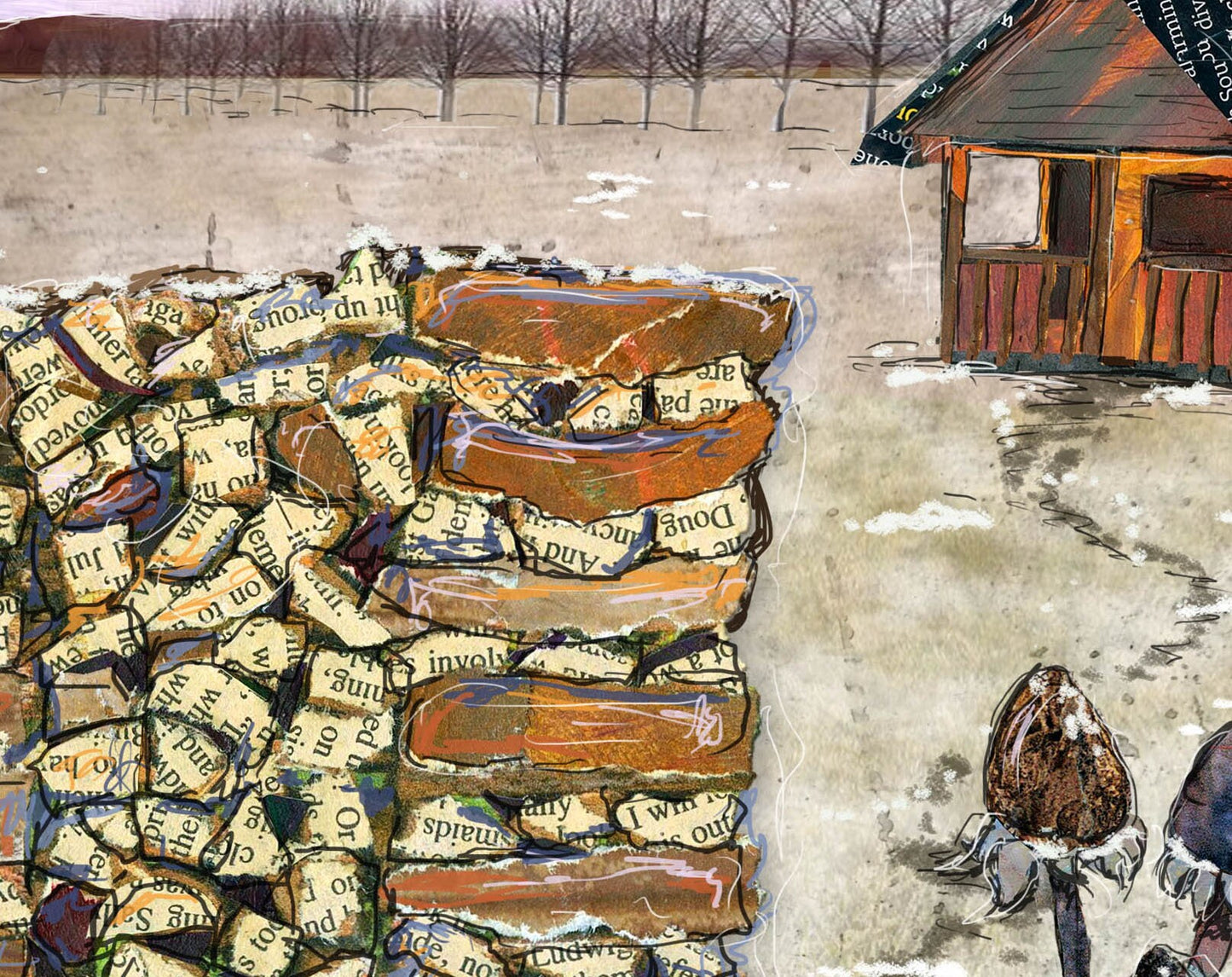 Greeting Card of a Paper Collage of a stack of firewood in front of a home with smoke from the chimney - Blank Inside