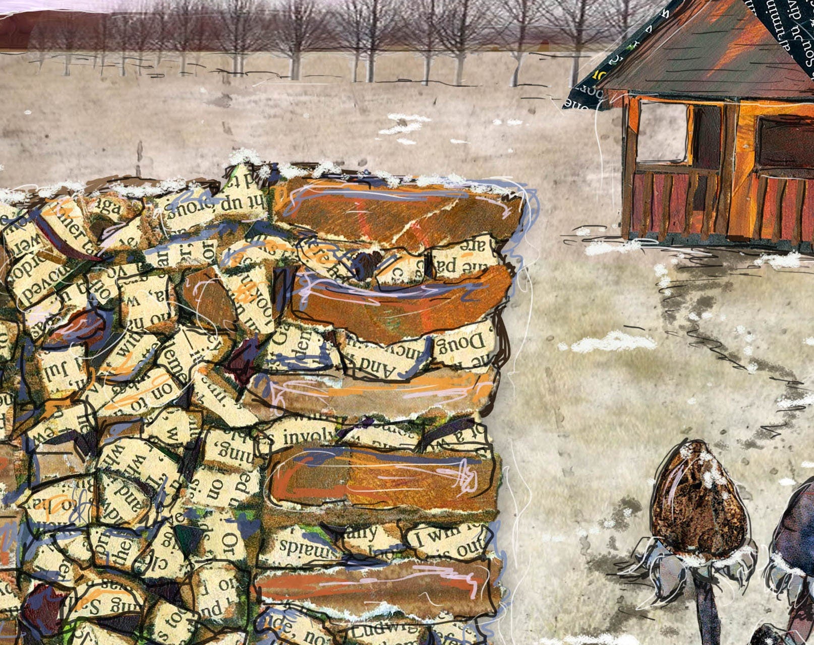 8x10 Art print of a Paper Collage of a stack of firewood in front of a home with smoke from the chimney - Wall Art