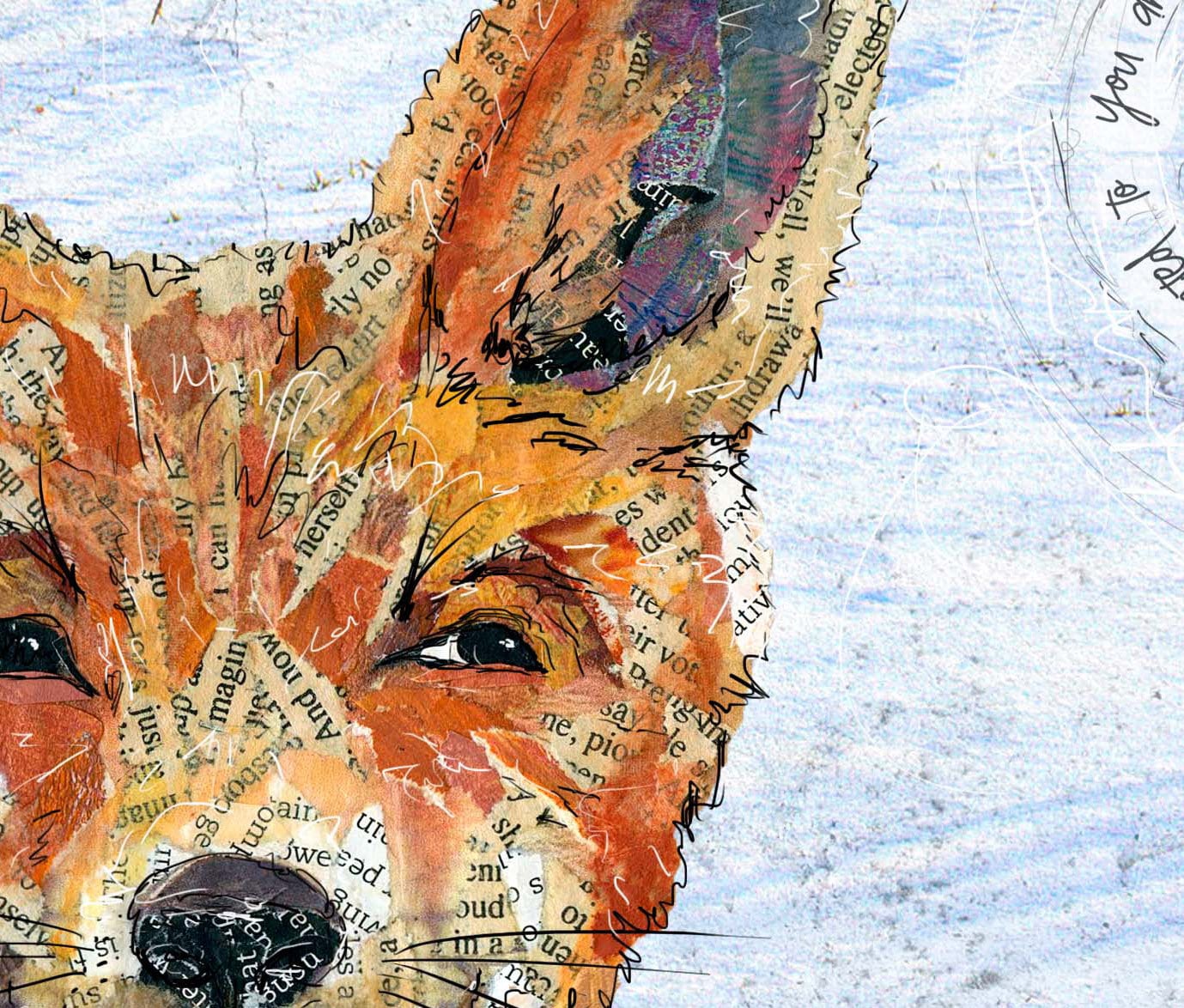 Greeting Card of a Paper Collage of a red fox in the snow - inspirational - Blank Inside