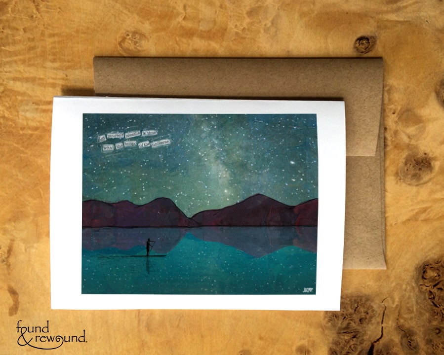 Greeting Card of a Paper Collage of a person stand up paddling on a lake under the night sky stars - inspirational - Blank Inside