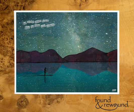 8x10 Art print of a Paper Collage of a person stand up paddling on a lake under the night sky stars - inspirational - Wall Art