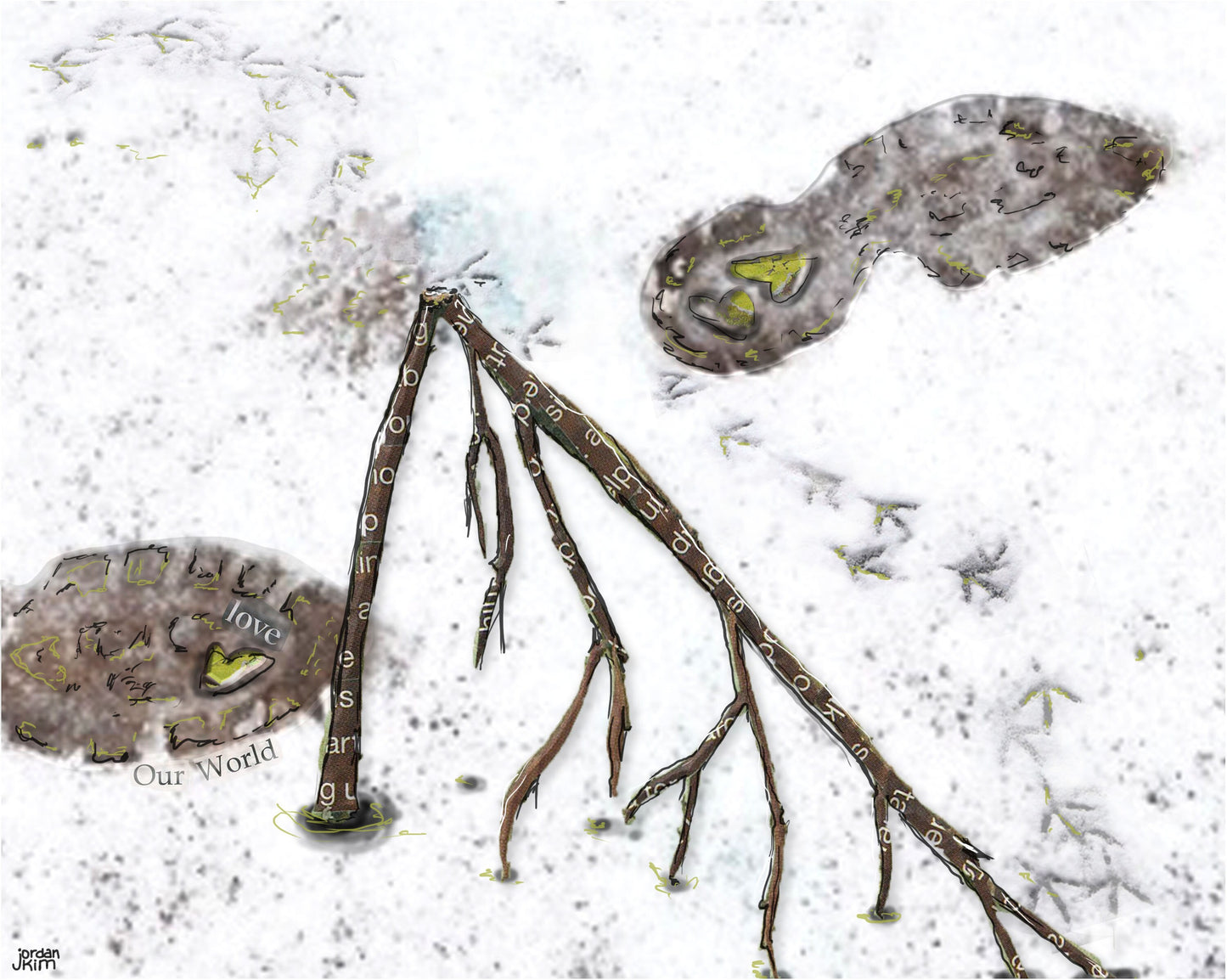 Greeting Card of a Paper Collage of human and bird footprints in the snow around a branch - Blank Inside