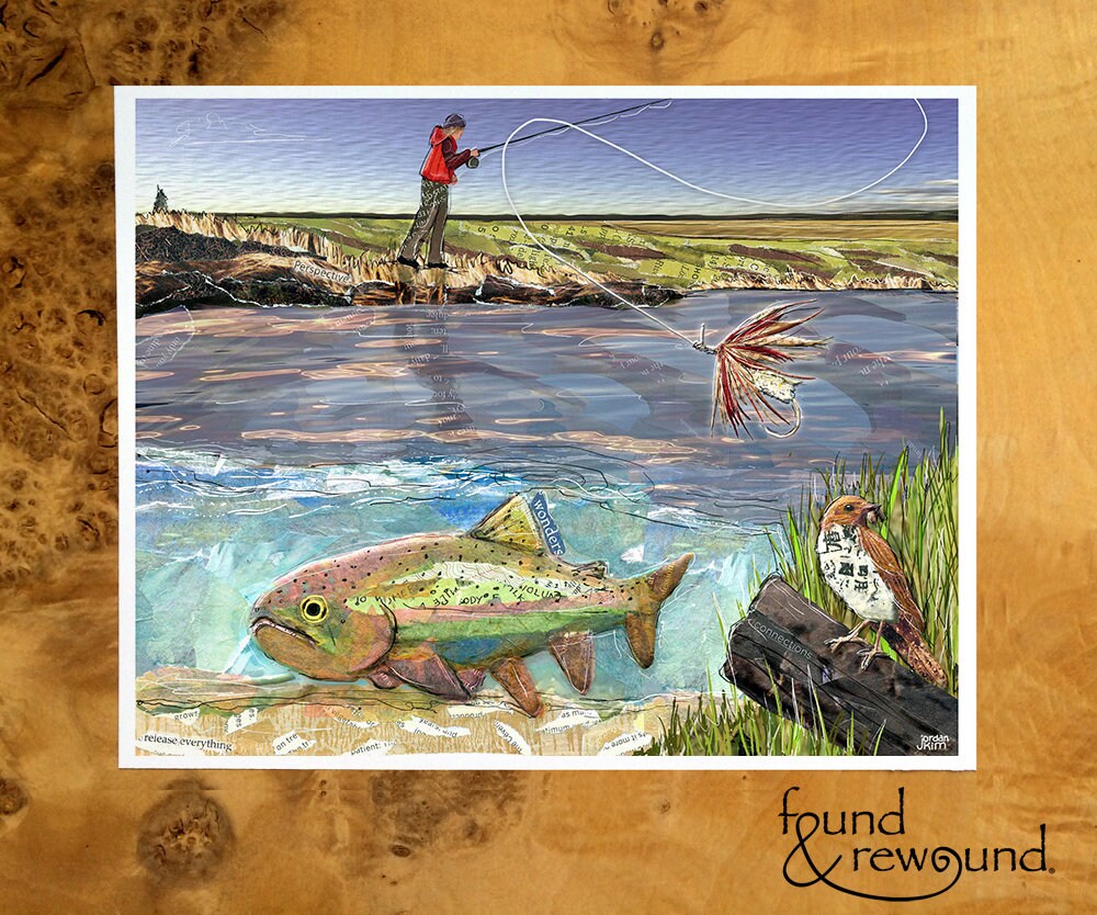 8x10 Art print of a Paper Collage of Woman Fly Fishing for Rainbow Trout - Wall Art