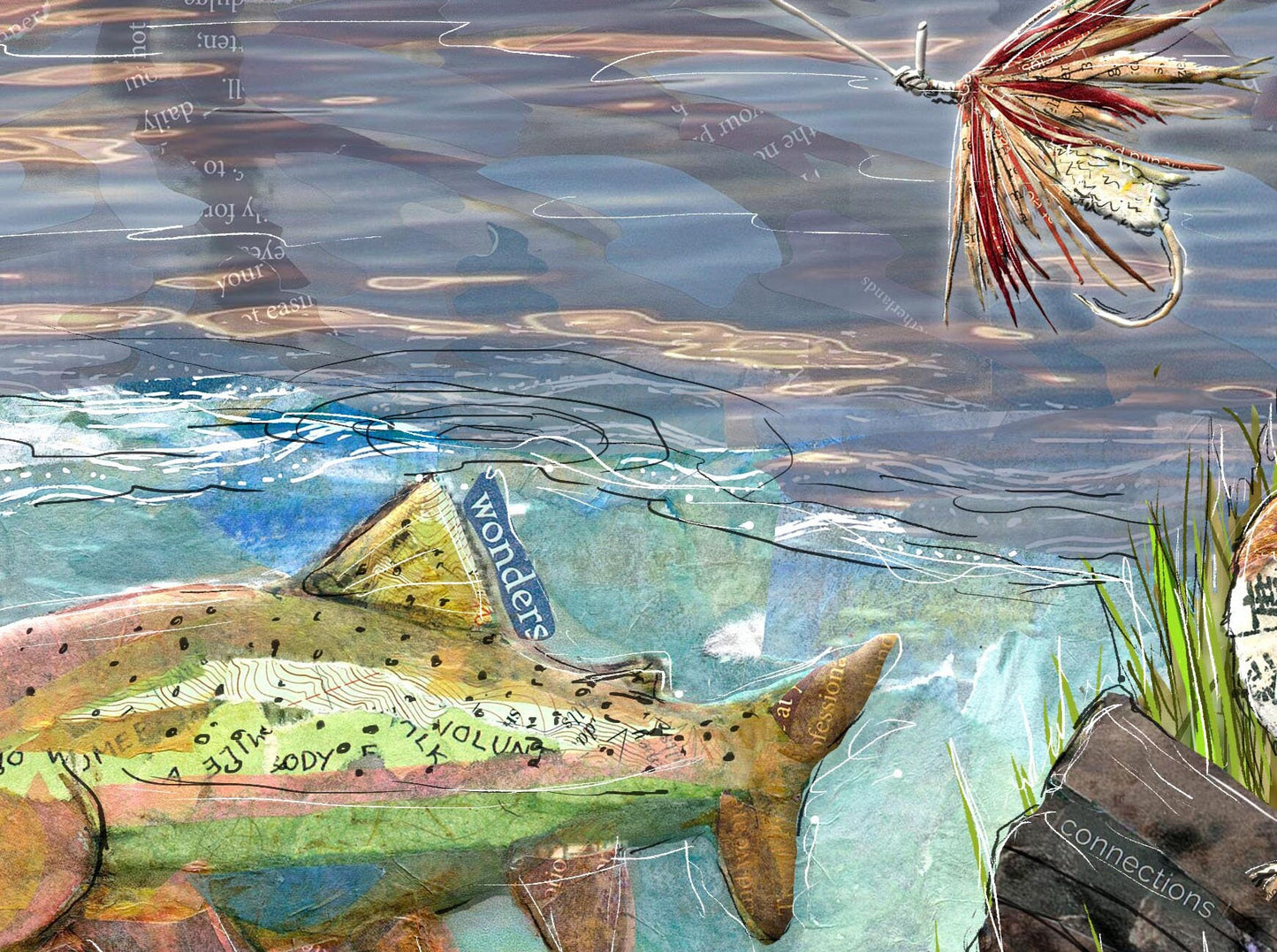 Greeting Card of a Paper Collage of of Woman Fly Fishing for Rainbow Trout - Blank Inside