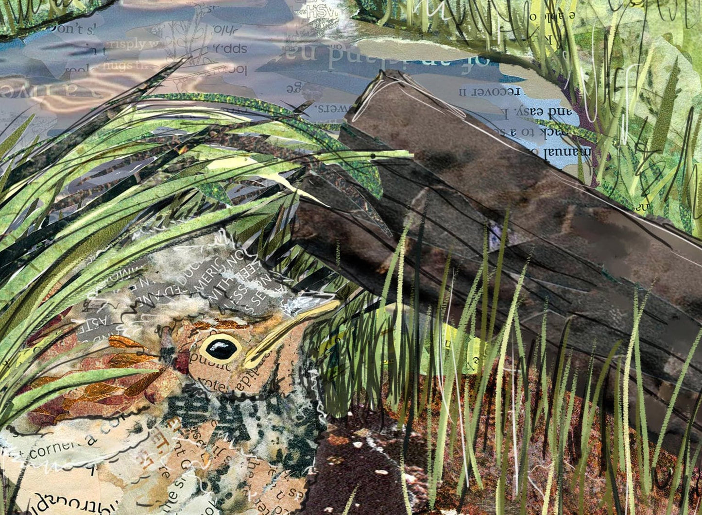 Greeting Card of a Paper Collage of a fledgling bird hiding as osprey eats a fish nearby stream - Blank Inside