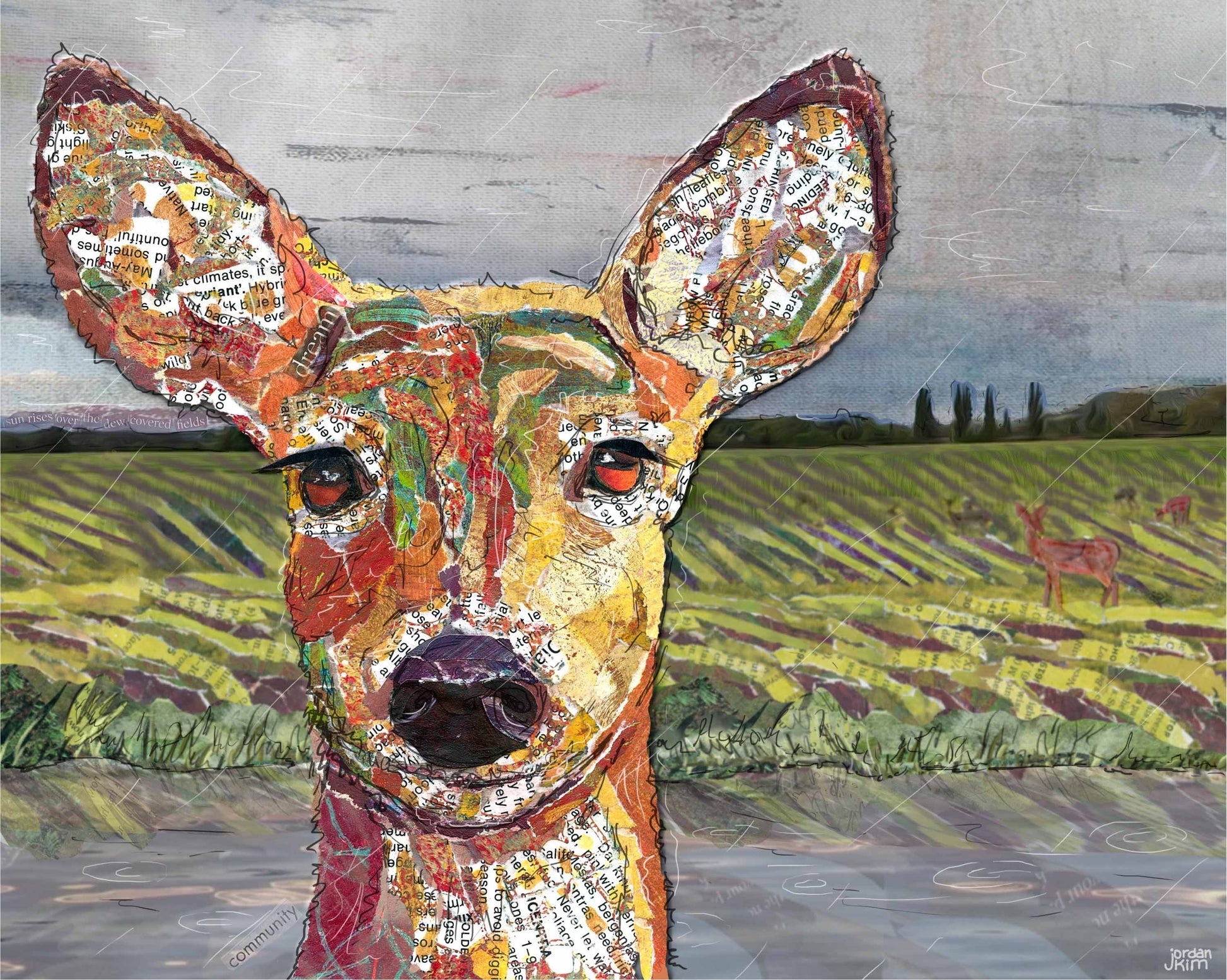 8x10 Art print of a Paper Collage of a deer face close up with others browsing in the rain behind - Wall Art
