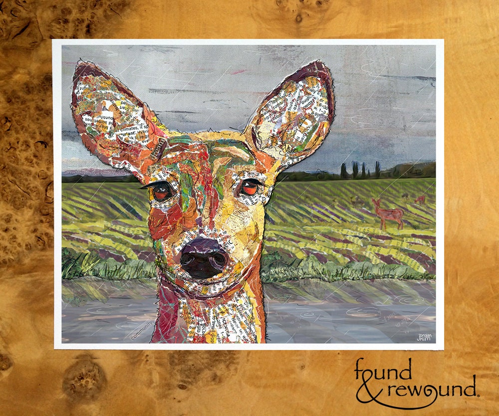 8x10 Art print of a Paper Collage of a deer face close up with others browsing in the rain behind - Wall Art