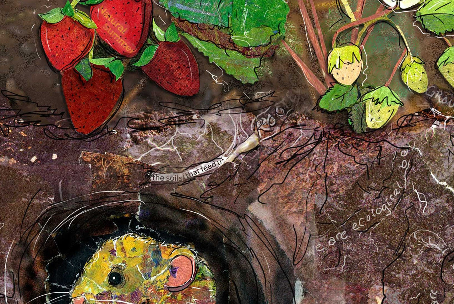 8x10 Art print of a Paper Collage of a child's hand picking a strawberry with a vole under the soil - Wall Art