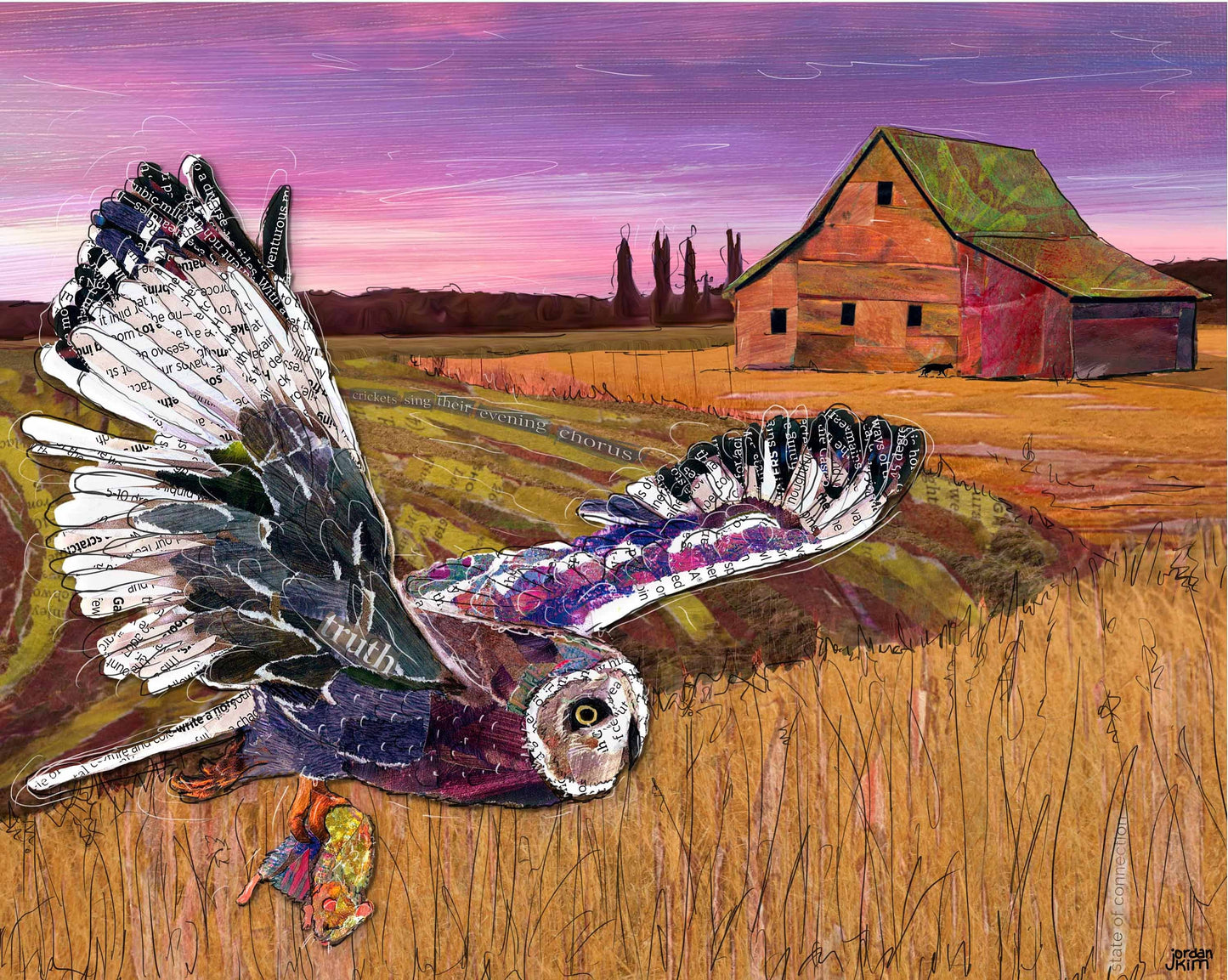 Greeting Card of a Paper Collage of a barn owl hunting at sunset, barn in background - Blank Inside