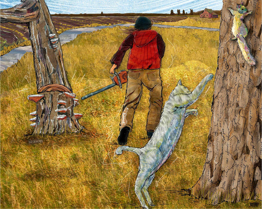 Greeting Card of a Paper Collage of of a woman with a chainsaw cutting down a tree, cat chasing squirrel - Blank Inside