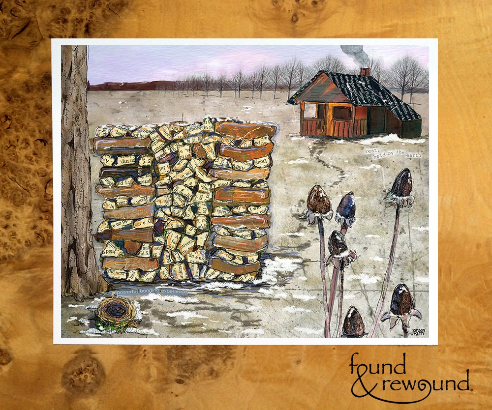 8x10 Art print of a Paper Collage of a stack of firewood in front of a home with smoke from the chimney - Wall Art