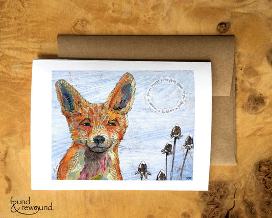 Greeting Card of a Paper Collage of a red fox in the snow - inspirational - Blank Inside