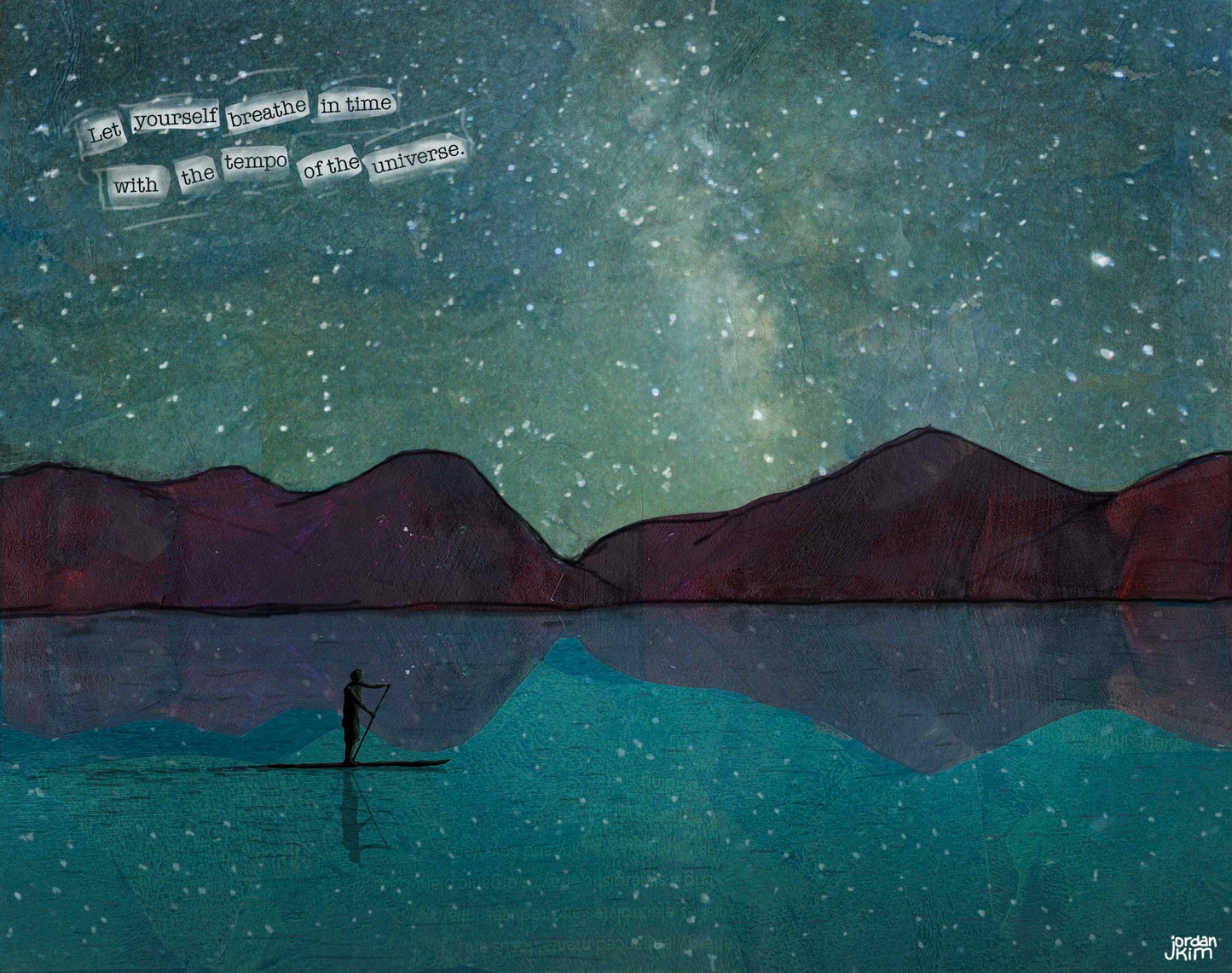 Greeting Card of a Paper Collage of a person stand up paddling on a lake under the night sky stars - inspirational - Blank Inside